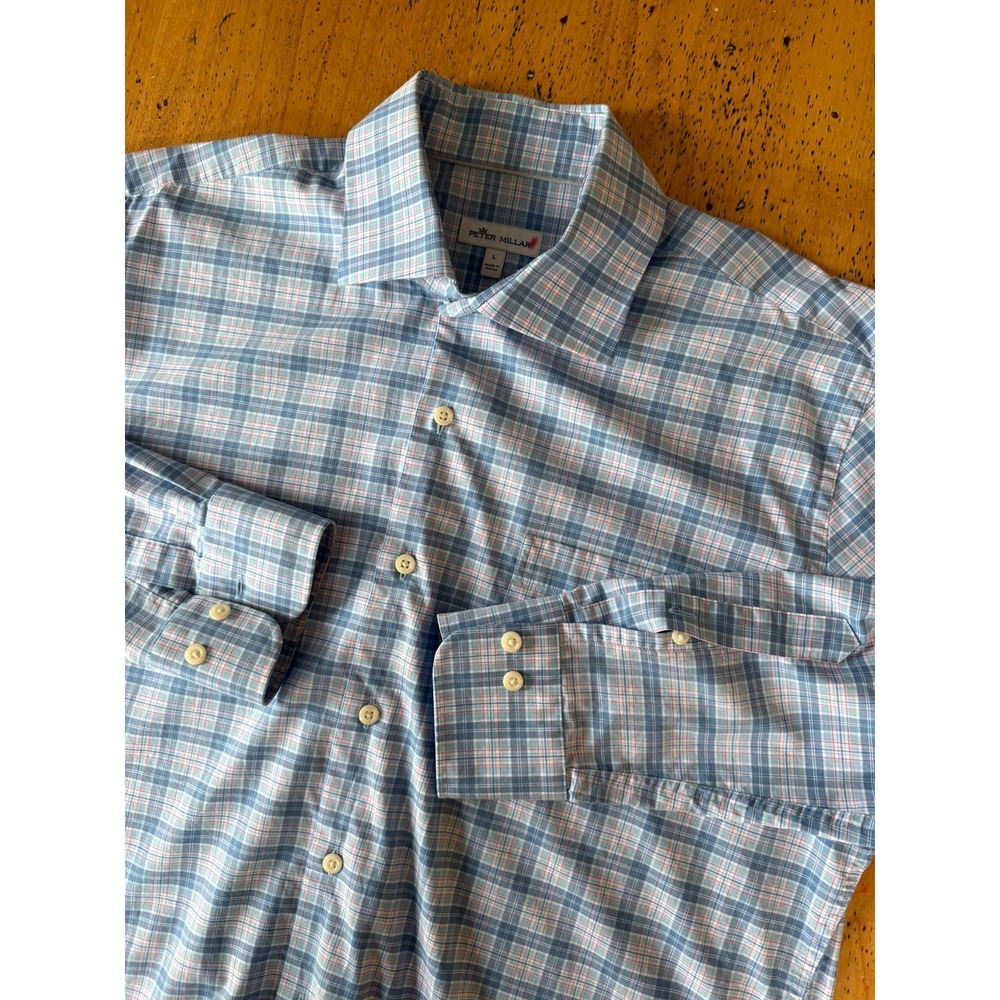 Peter Millar Plaid L Mens Blue Long Sleeve Cotton Blend Stretch Button Up Shirt